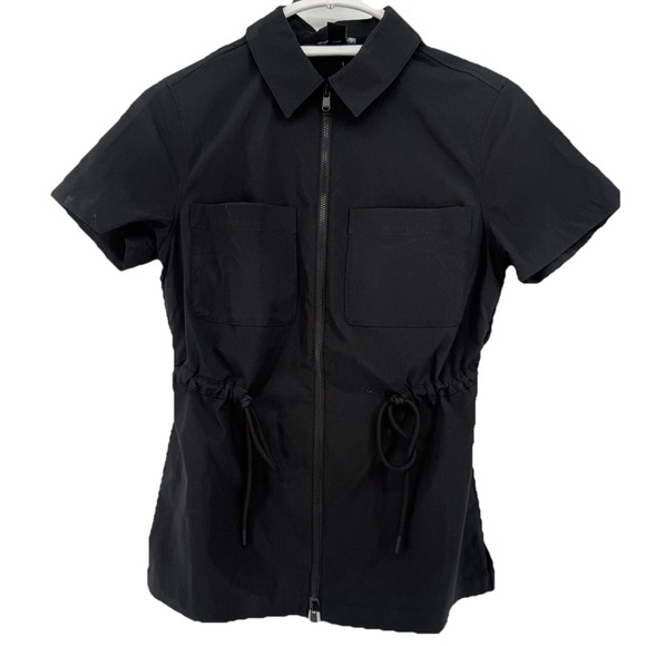 Athleta Womens XXS Black Zip Front Utility Short Sleeve Drawstring Waist Top - Picture 2 of 4